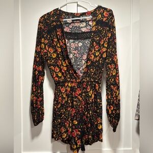 Vici Black Floral Long-Sleeve Romper with Red & Yellow Blooms
